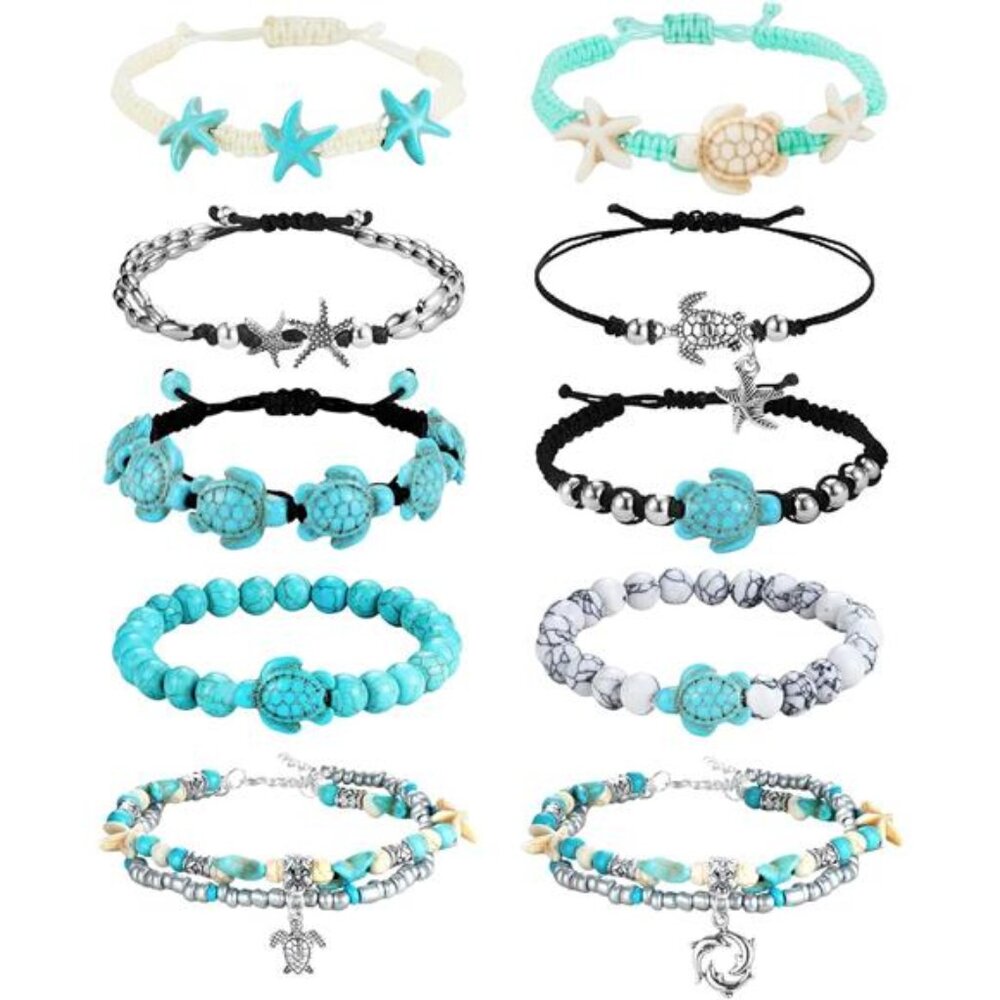 10 PCS Turtle Ankle Bracelets for Women Waterproof Handmade Starfish